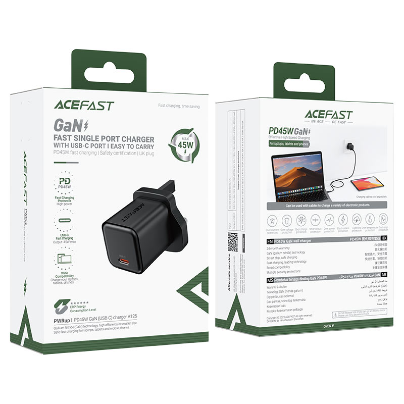 AceFast | 18495 | A125 | PD45W Gan (Usb C) Charger | UK | Black AceFast | 18495 | A125 | PD45W Gan (Usb C) Charger | UK | Black